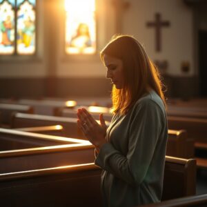 A photorealistic, high-quality stock photo of a serene moment of prayer in a softly lit wooden pew inside a quiet Catholic church at golden hour, featuring a devout woman in her 30s with hands clasped in deep prayer, bathed in warm natural light streaming through stained glass windows, captured in professional photography style with shallow depth of field and warm tones.