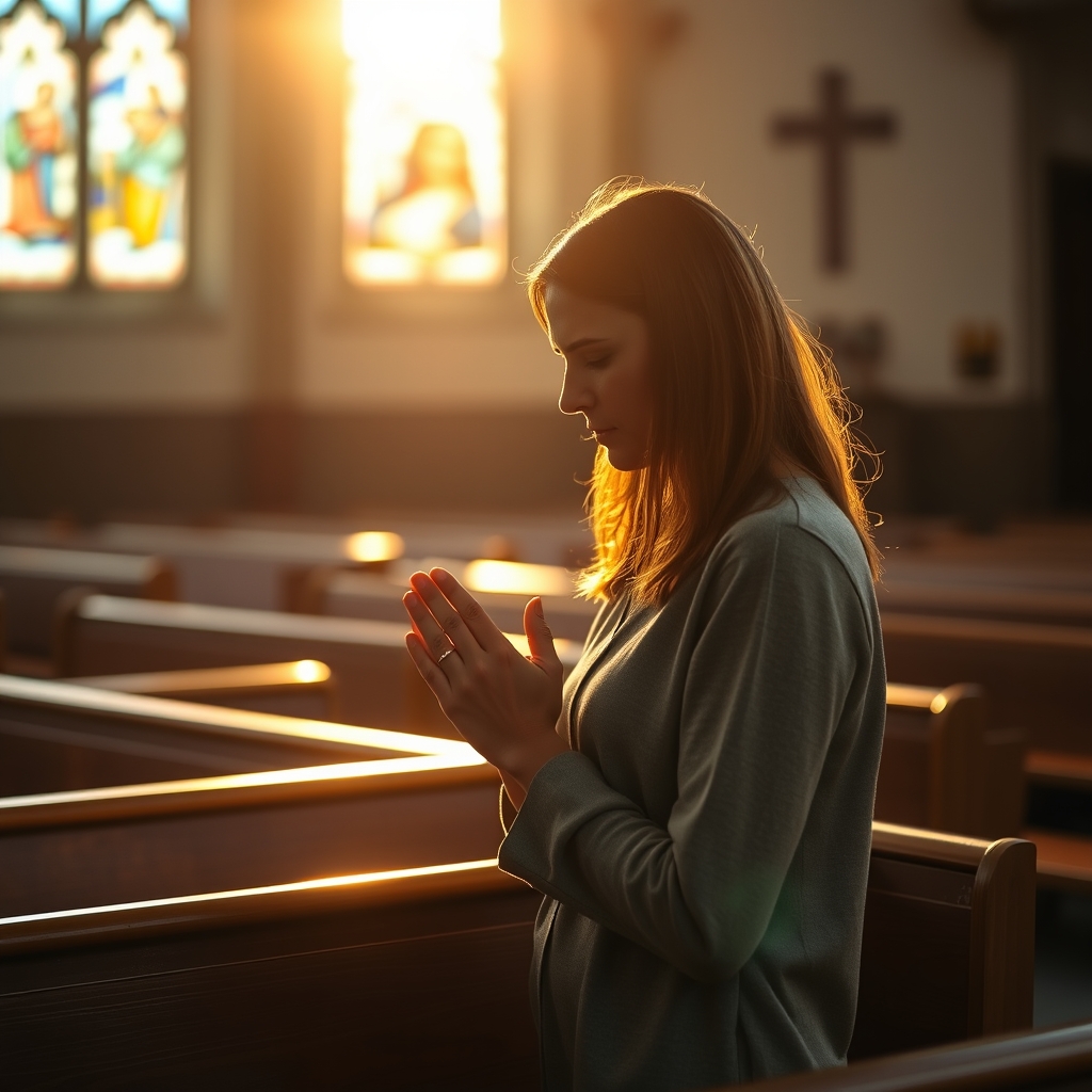 A photorealistic, high-quality stock photo of a serene moment of prayer in a softly lit wooden pew inside a quiet Catholic church at golden hour, featuring a devout woman in her 30s with hands clasped in deep prayer, bathed in warm natural light streaming through stained glass windows, captured in professional photography style with shallow depth of field and warm tones.
