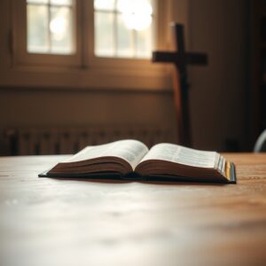 A photorealistic, high-quality stock photo of an open Bible with a cross in soft natural light, symbolizing the foundational truth of Jesus Christ as Lord and Savior, reflecting a reverent, compassionate, and unwavering Christian faith.