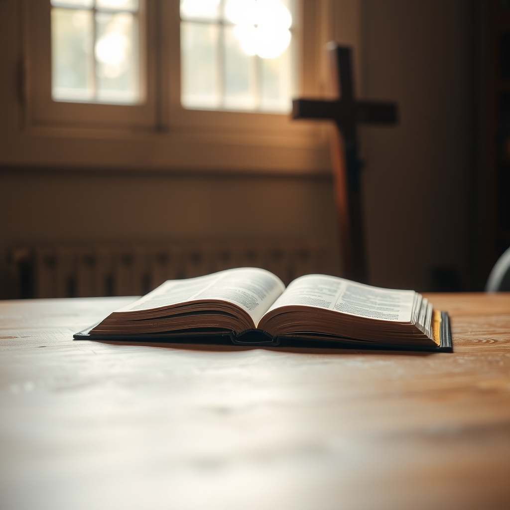 A photorealistic, high-quality stock photo of an open Bible with a cross in soft natural light, symbolizing the foundational truth of Jesus Christ as Lord and Savior, reflecting a reverent, compassionate, and unwavering Christian faith.