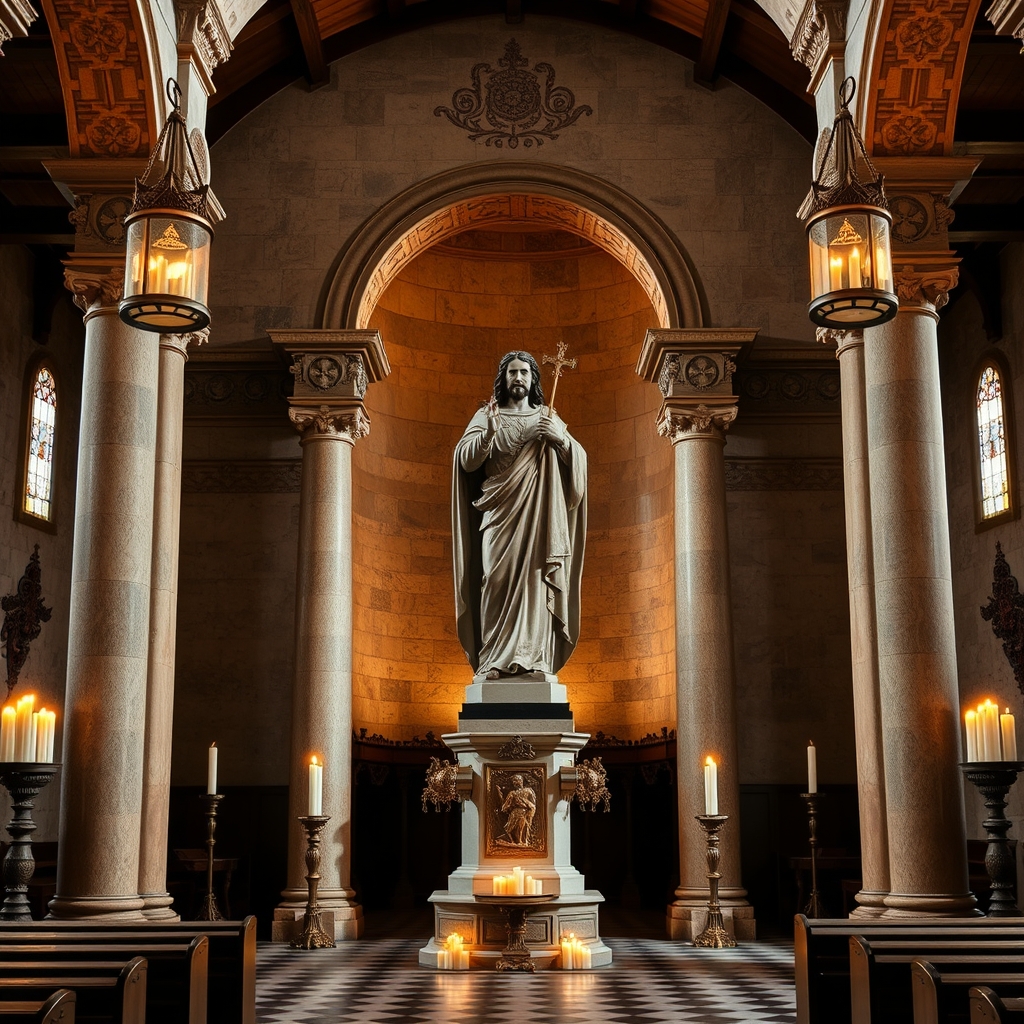 A photorealistic, high-quality stock photo of an old Mexican colonial church interior with candlelight flickering, a statue of San Felipe de Jesús in martyrdom, professional photography, photorealistic, high-quality stock photo style
