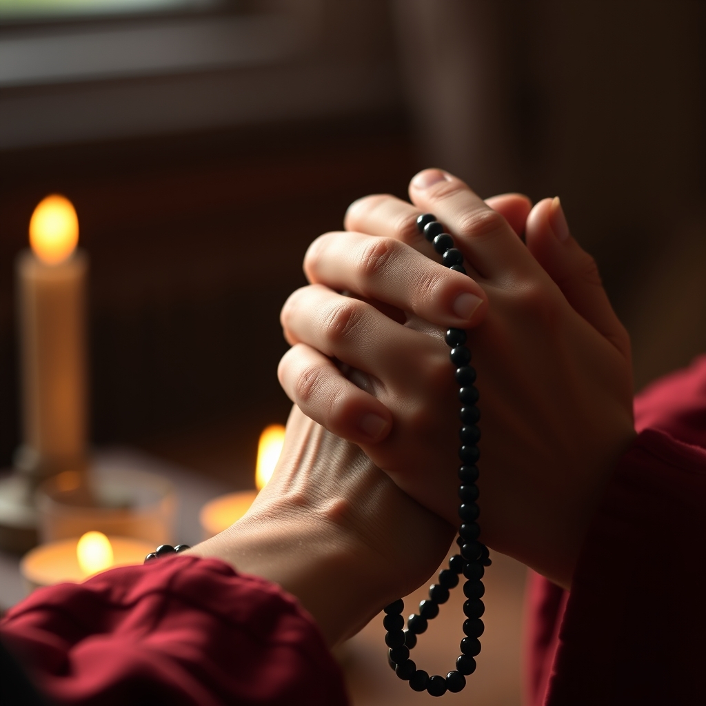A photorealistic, high-quality stock photo of hands clasped in prayer, rosary beads, warm candlelight, professional photography, photorealistic, high-quality stock photo style
