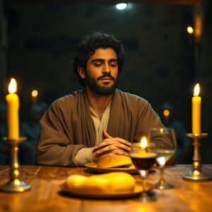 A photorealistic image of a bearded man in a linen robe praying quietly at a candlelit ancient table with bread and wine, evoking the sacred atmosphere of the Last Supper, captured in warm, reverent professional photography style.