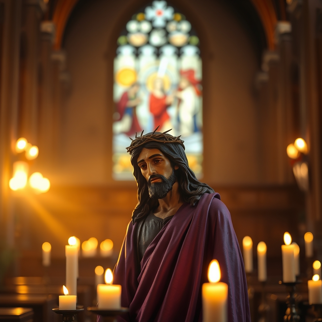 A photorealistic image of a candlelit church interior with a wooden statue of Jesus Nazareno in a purple robe and crown of thorns, illuminated by warm candlelight and stained glass window glow.