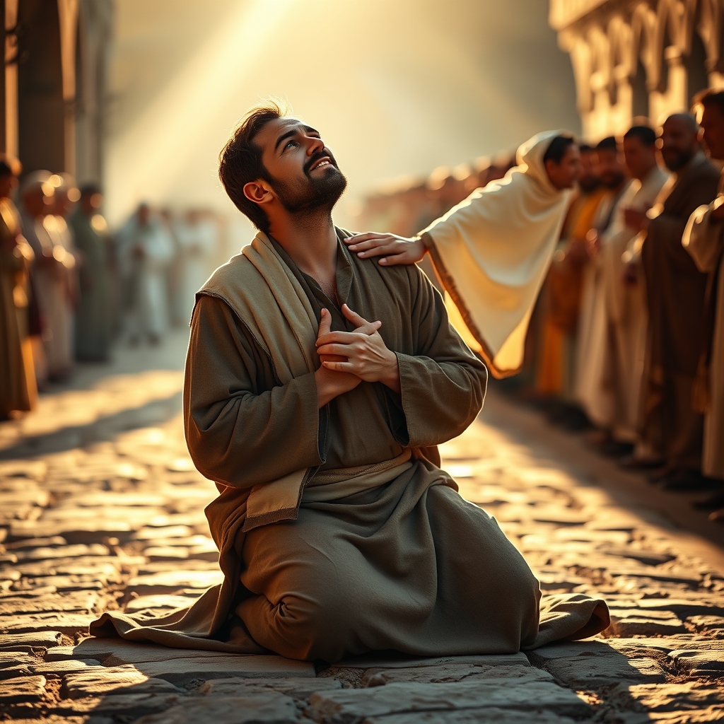 A photorealistic image of a desperate father kneeling in prayer on an ancient stone path as Jesus places a reassuring hand on his shoulder, bathed in warm golden light, conveying a moment of divine compassion and faith.