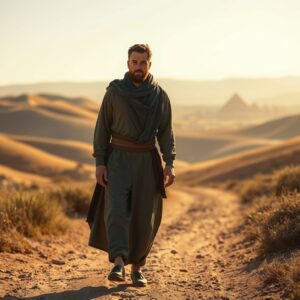 A photorealistic image of a dignified man walking through a sunlit, ancient Middle Eastern landscape, symbolizing Joseph's journey of faith from betrayal to redemption.