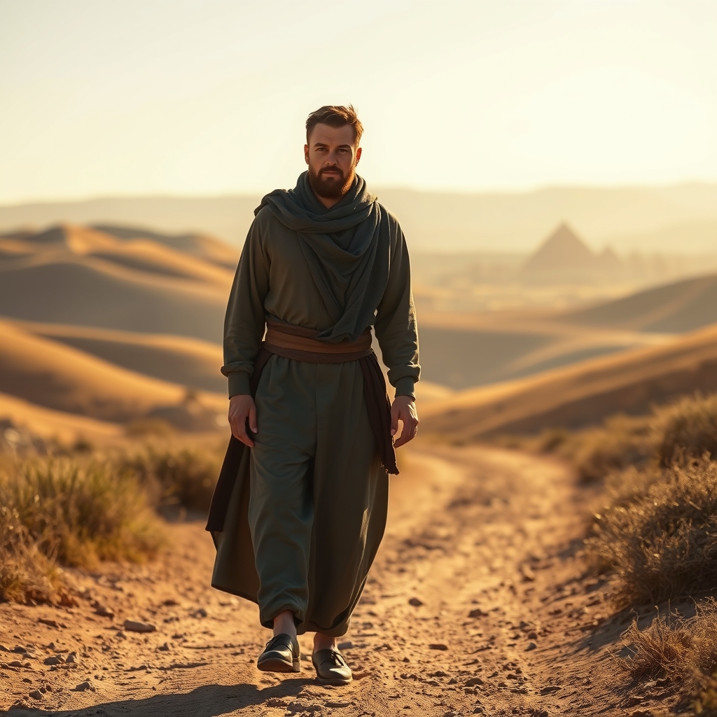 A photorealistic image of a dignified man walking through a sunlit, ancient Middle Eastern landscape, symbolizing Joseph's journey of faith from betrayal to redemption.