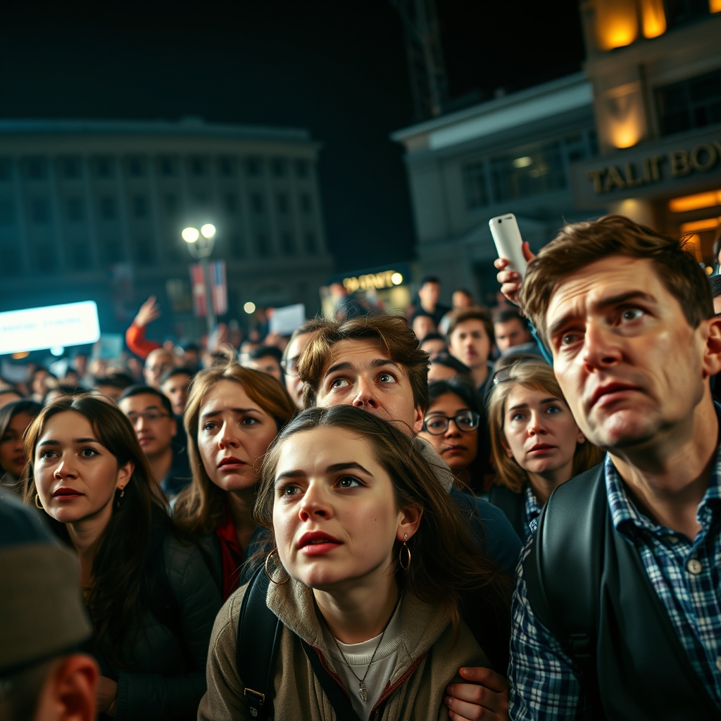 A photorealistic image of a diverse crowd in a public square, capturing a moment of tension with dramatic lighting and strong contrasts.