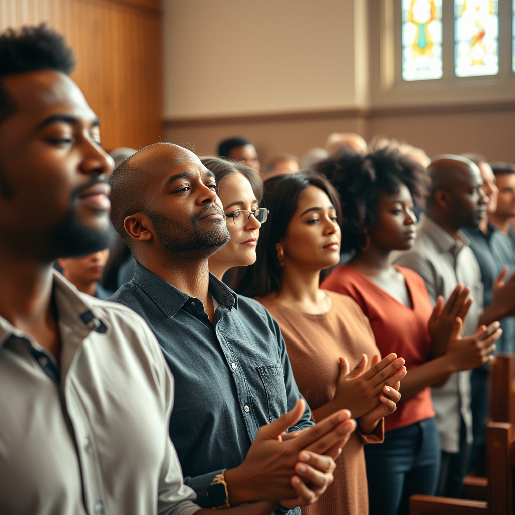 A photorealistic image of a diverse group of Christians praying together in a warm church setting, expressing peace, devotion, and spiritual community.