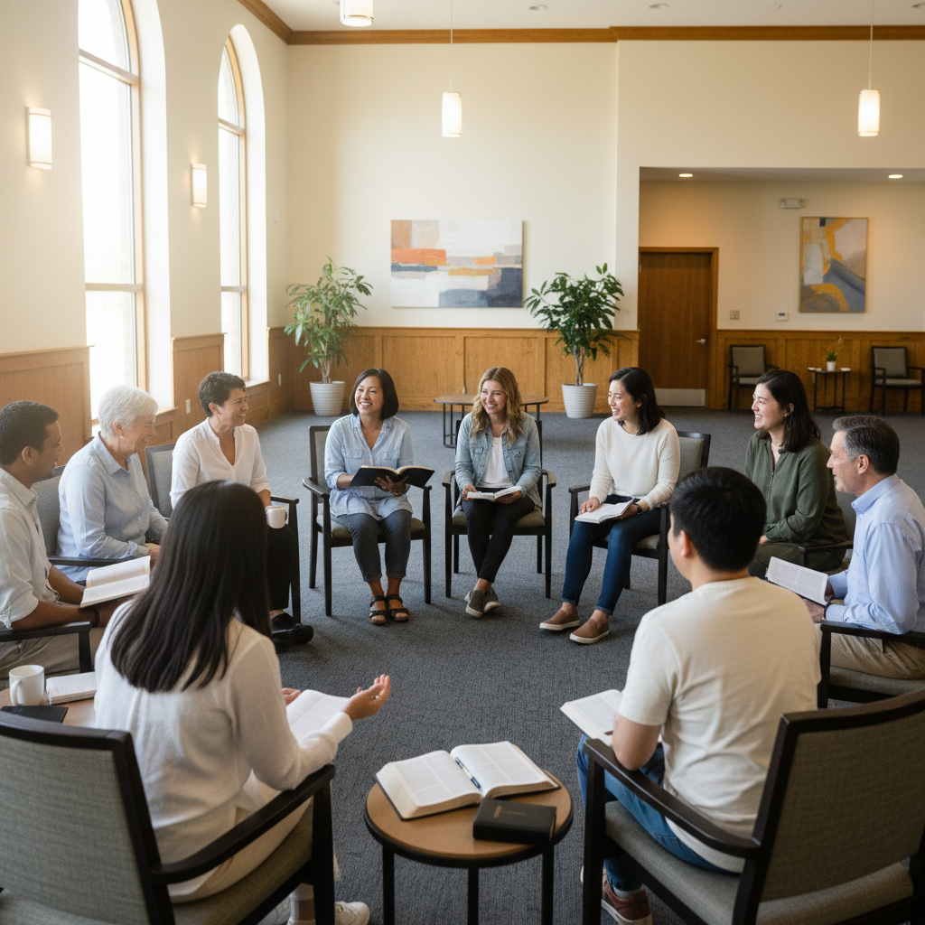 A photorealistic image of a diverse group of Christians engaged in Bible study in a modern church fellowship hall.