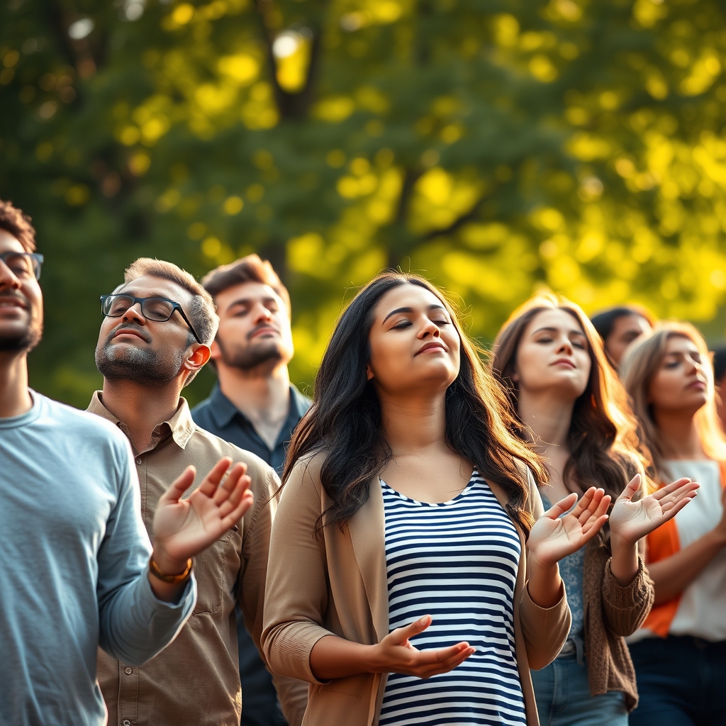 A photorealistic image of a diverse group of modern Christians standing together outdoors with hands raised in worship, warm afternoon sunlight, peaceful expressions