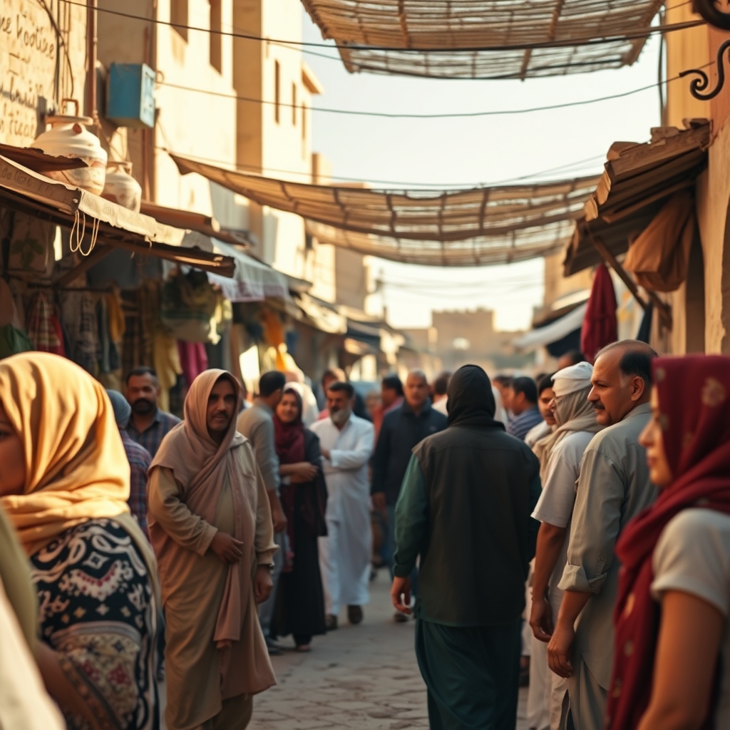 A photorealistic image of a diverse group of people in a small Middle Eastern village marketplace during golden-hour sunlight, conveying community and familiarity.