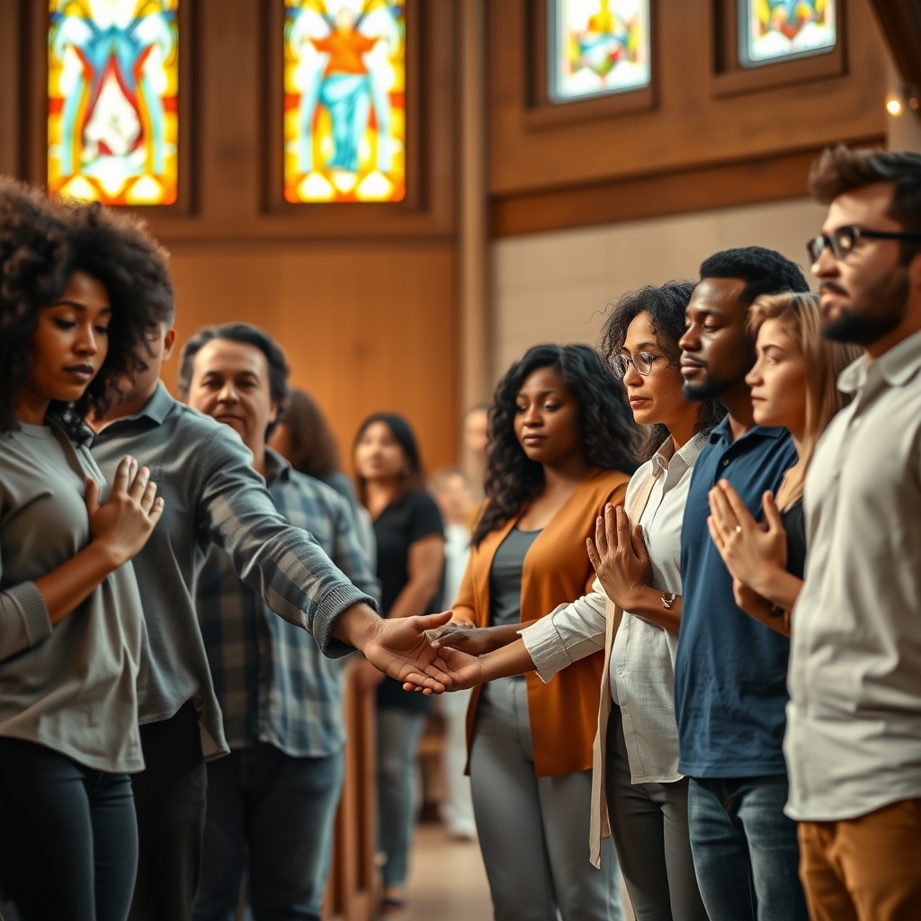 A photorealistic image of a diverse group of people holding hands in prayer in a church sanctuary with stained glass lighting.