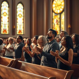 A photorealistic image of a diverse group of worshippers raising their hands in a church sanctuary, bathed in warm light from stained glass windows, conveying a reverent and compassionate atmosphere of faith and devotion.