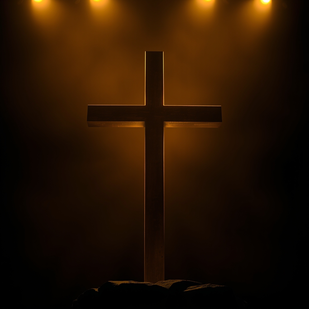 A photorealistic image of a golden cross illuminated by soft, warm light, set against a deep, moody, cinematic background, symbolizing Jesus Christ as Lord and Savior, with a reverent and compassionate tone, suitable for a faith-based article or publication.