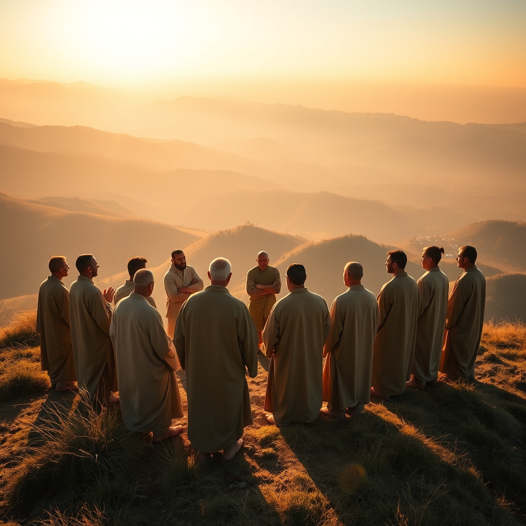 A photorealistic image of a group of men in robes on a hillside, listening to a central figure, with a warm, golden-hour light.