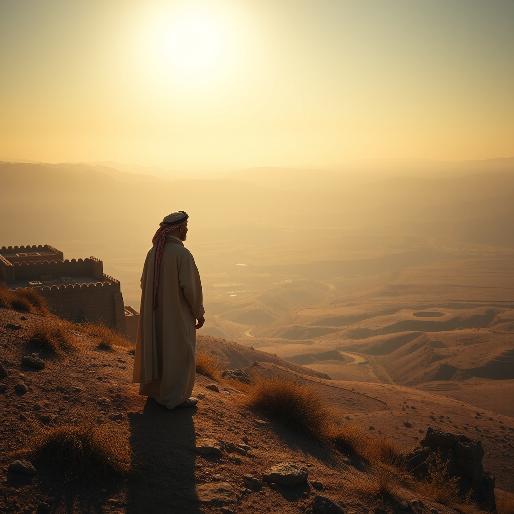 A photorealistic image of a lone figure in traditional Middle Eastern robes standing on a hillside overlooking a sun-drenched valley, conveying a contemplative and spiritual atmosphere.