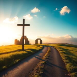 A photorealistic image of a lone wooden cross standing in a sunlit countryside meadow with ancient stone ruins visible on a misty horizon, symbolizing the thoughtful cost and commitment of following Jesus as taught in Luke 14:28-30.
