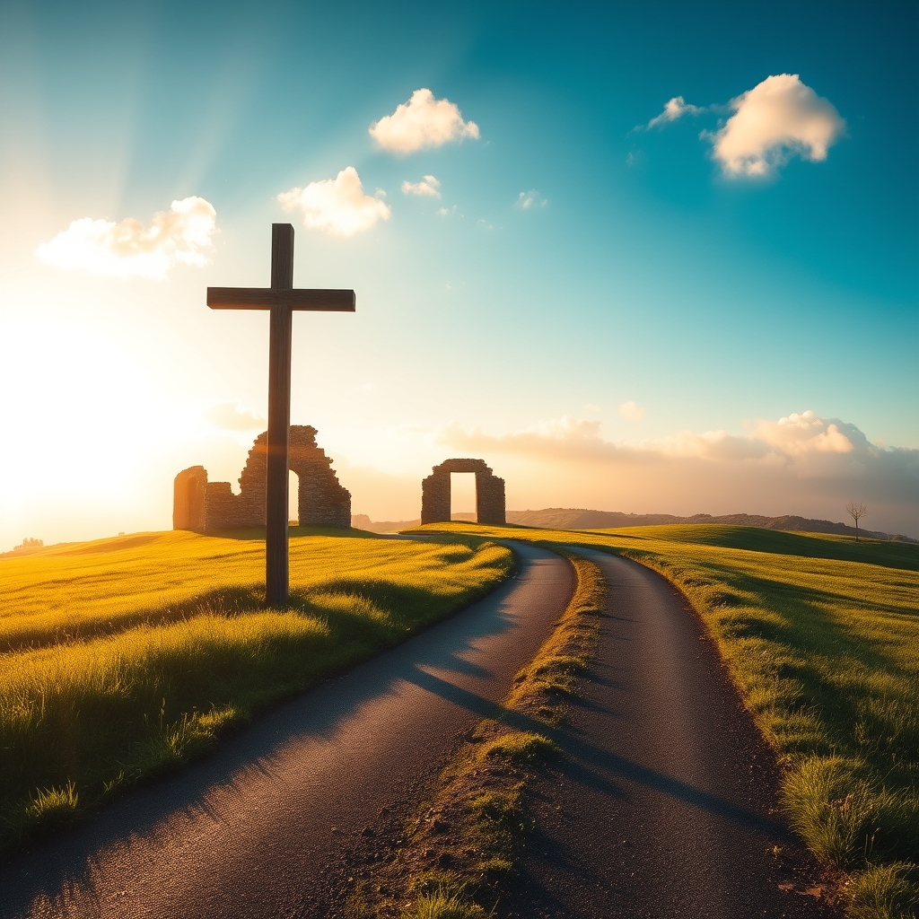 A photorealistic image of a lone wooden cross standing in a sunlit countryside meadow with ancient stone ruins visible on a misty horizon, symbolizing the thoughtful cost and commitment of following Jesus as taught in Luke 14:28-30.