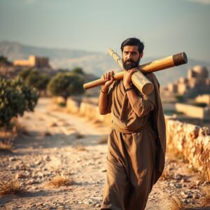 A photorealistic image of a man in ancient robes carrying a wooden crossbeam on his shoulder, walking along a dusty path under golden-hour light, symbolizing Simon of Cyrene bearing the cross.