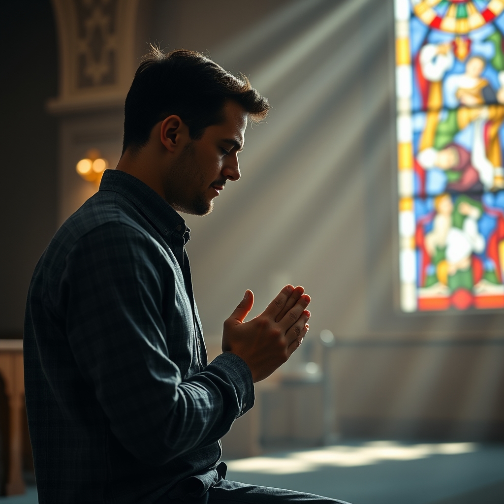 A photorealistic image of a man praying in a church, with light from a stained glass window illuminating the scene.
