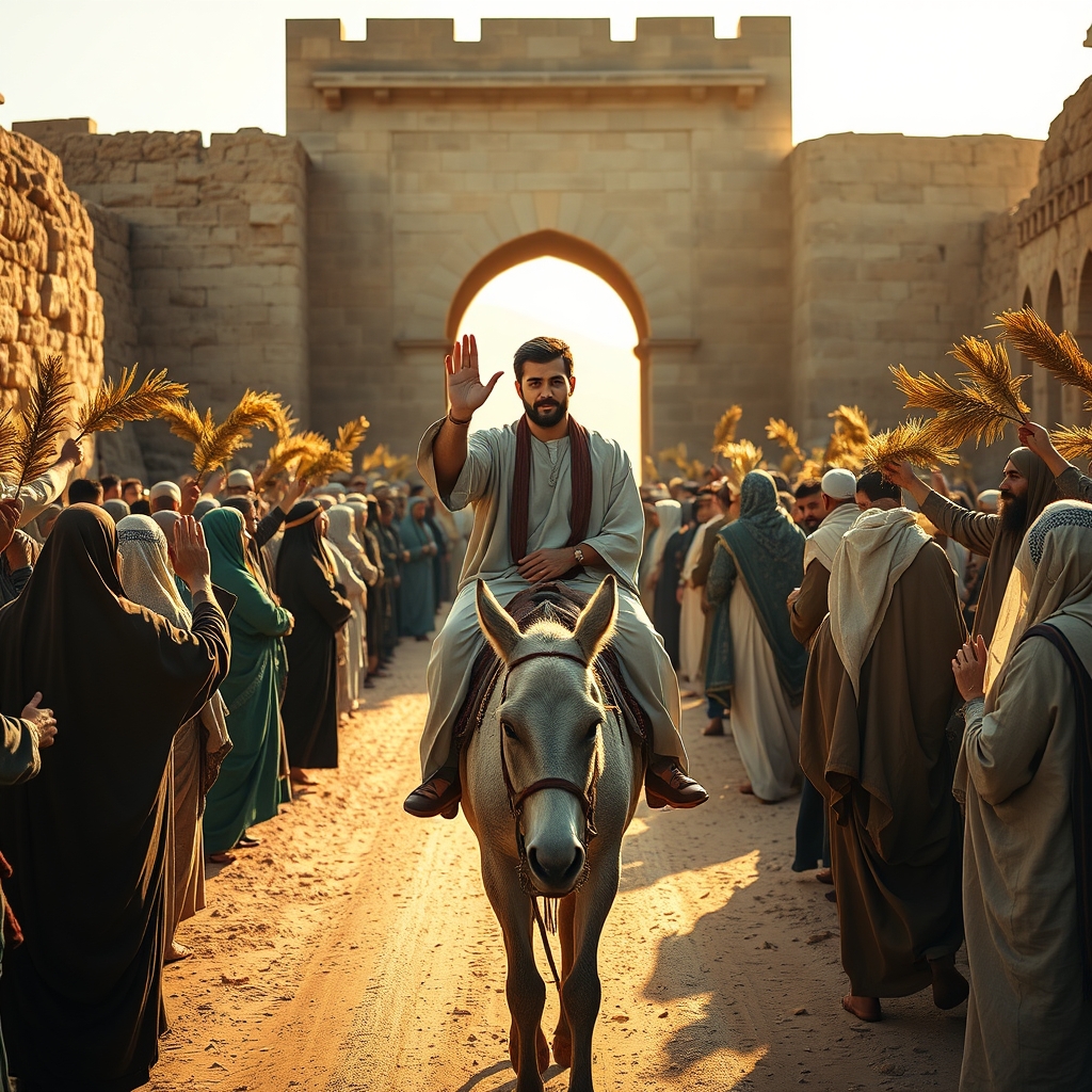 A photorealistic image of a man riding a donkey on a dusty road toward a city gate, surrounded by a crowd waving palm branches in warm golden light.