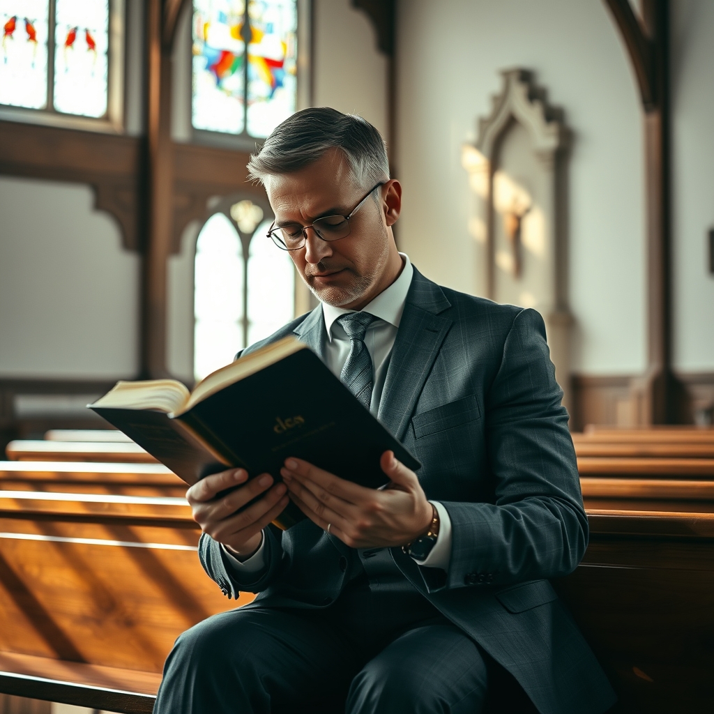 A photorealistic image of a man sitting in a church pew, reading a Bible with soft light from a stained glass window illuminating the scene.