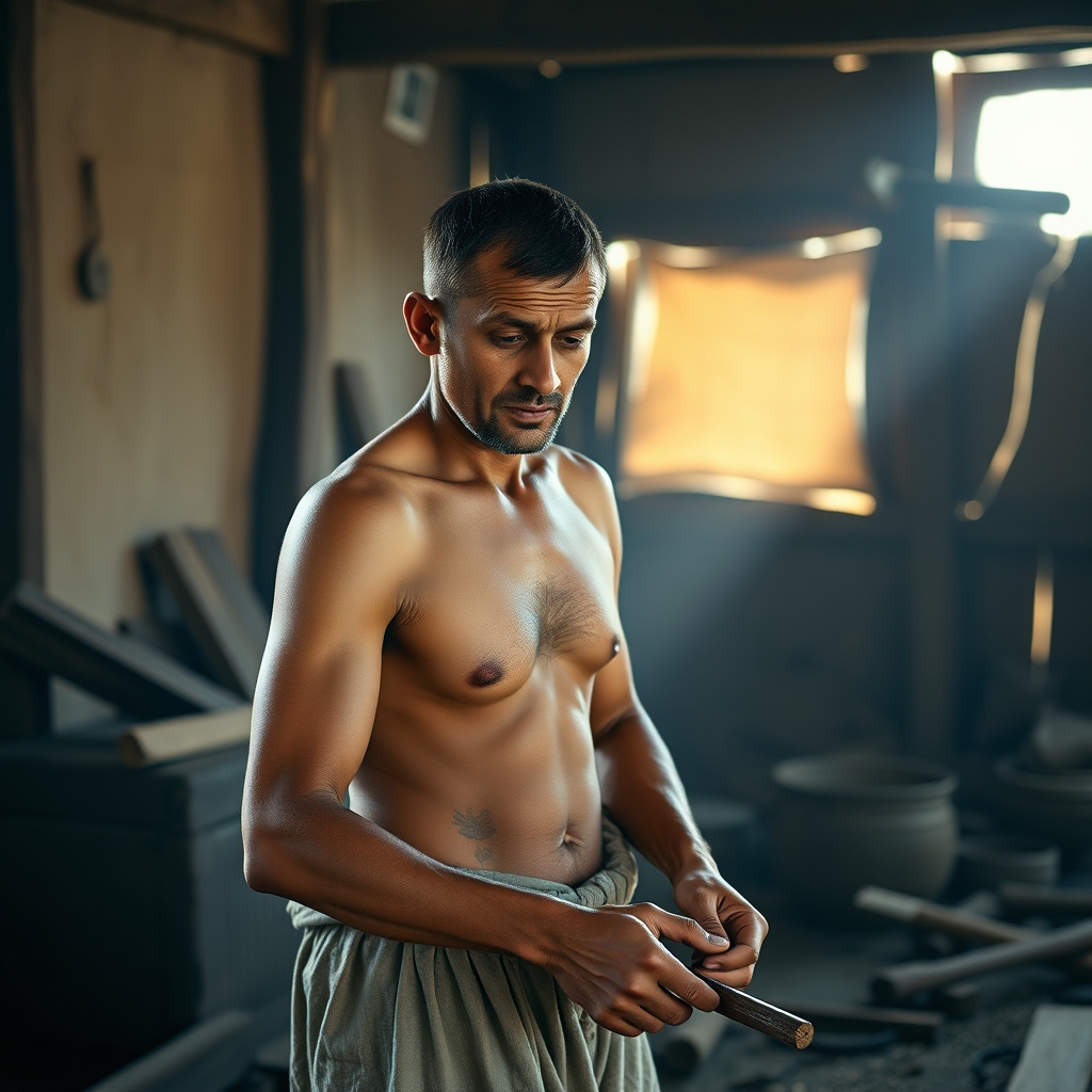 A photorealistic image of a man with an average build engaged in physical labor in a historical setting, reflecting the concept of Jesus' possible appearance.