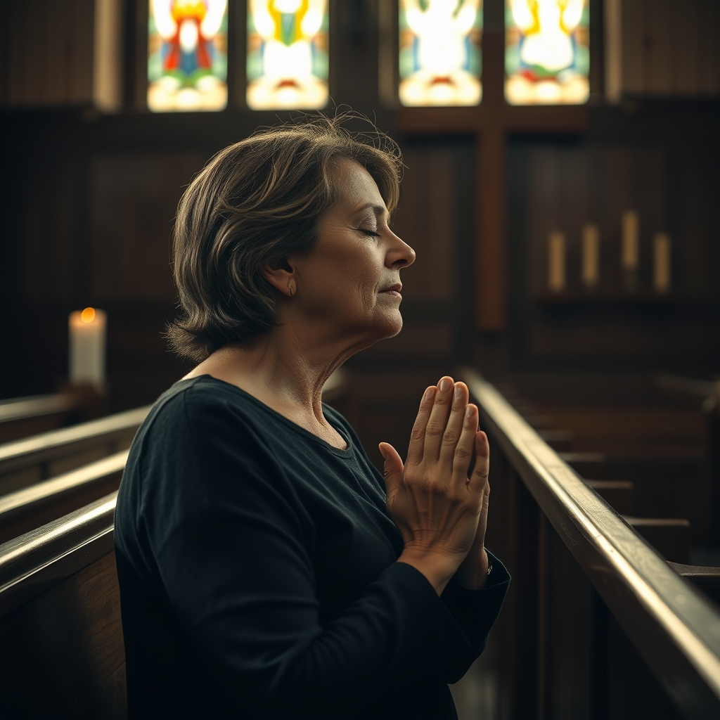 A photorealistic image of a middle-aged woman kneeling in prayer in a quiet church, hands clasped, with soft light from stained glass windows illuminating the scene.
