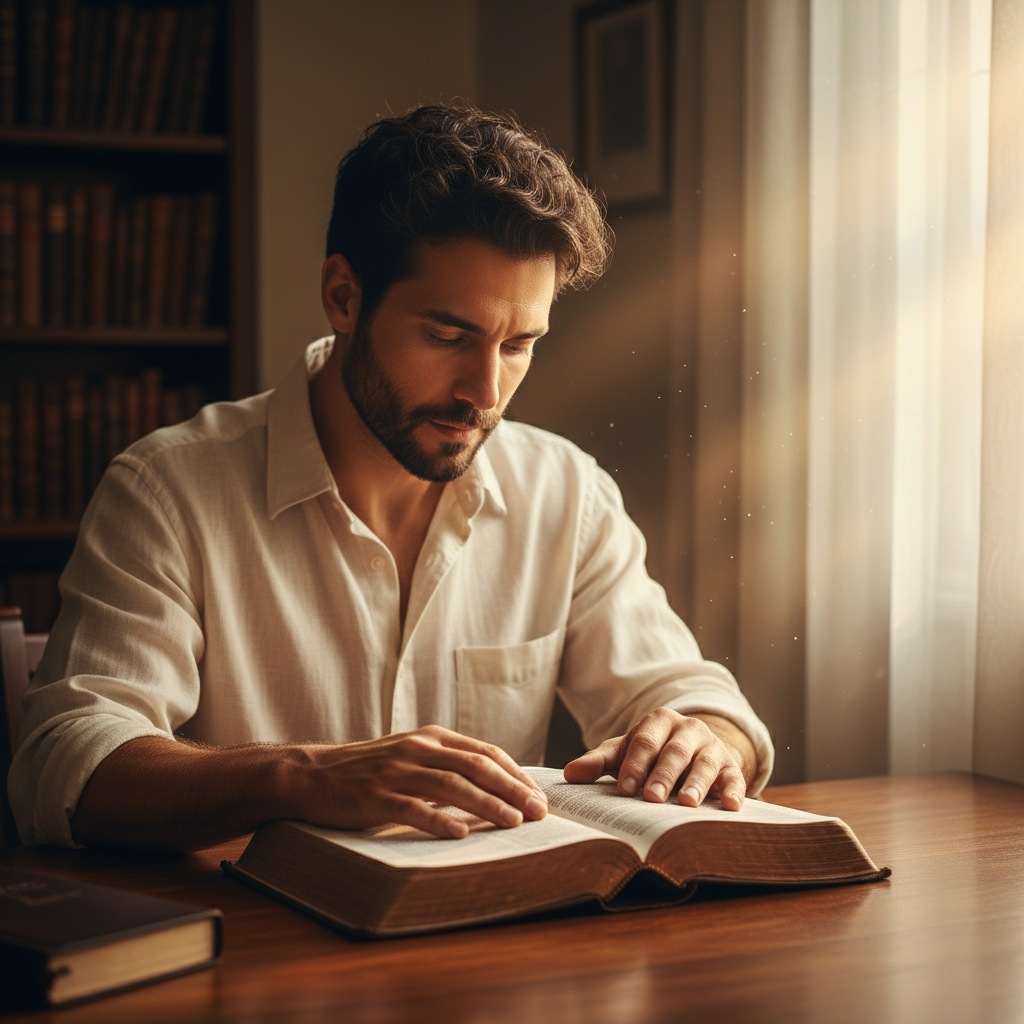 A photorealistic image of a Middle Eastern man in a linen shirt prayerfully reading an open Bible in a warmly lit study, evoking a reverent and contemplative mood.