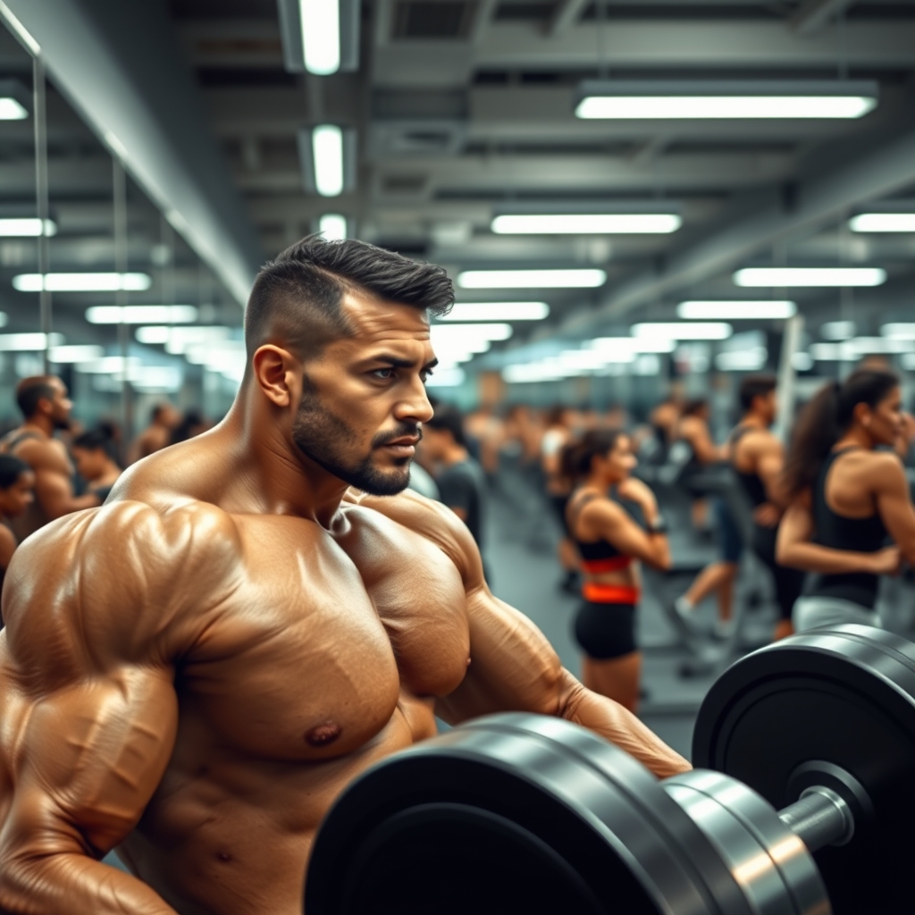 A photorealistic image of a modern gym interior with people working out, reflecting the 'Jacked Jesus' concept in pop culture.