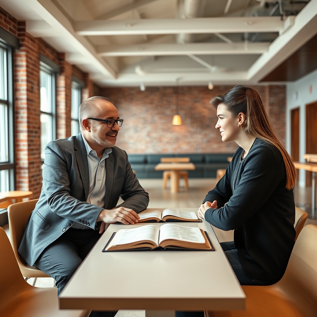 A photorealistic image of a pastor mentoring a young adult over an open Bible in a modern, welcoming church setting.