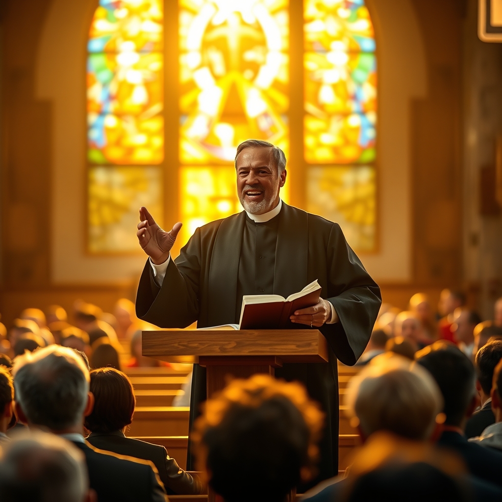 A photorealistic image of a pastor passionately delivering a sermon about faith in a sunlit church, holding an open Bible with hands raised.
