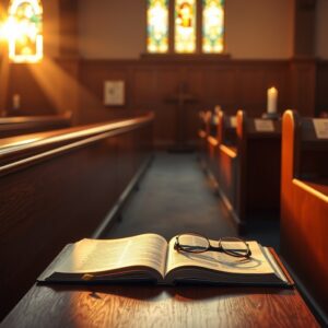 A photorealistic image of a peaceful chapel at sunset highlighting an open Bible and a wooden cross, evoking reverence and Christ-centered devotion.
