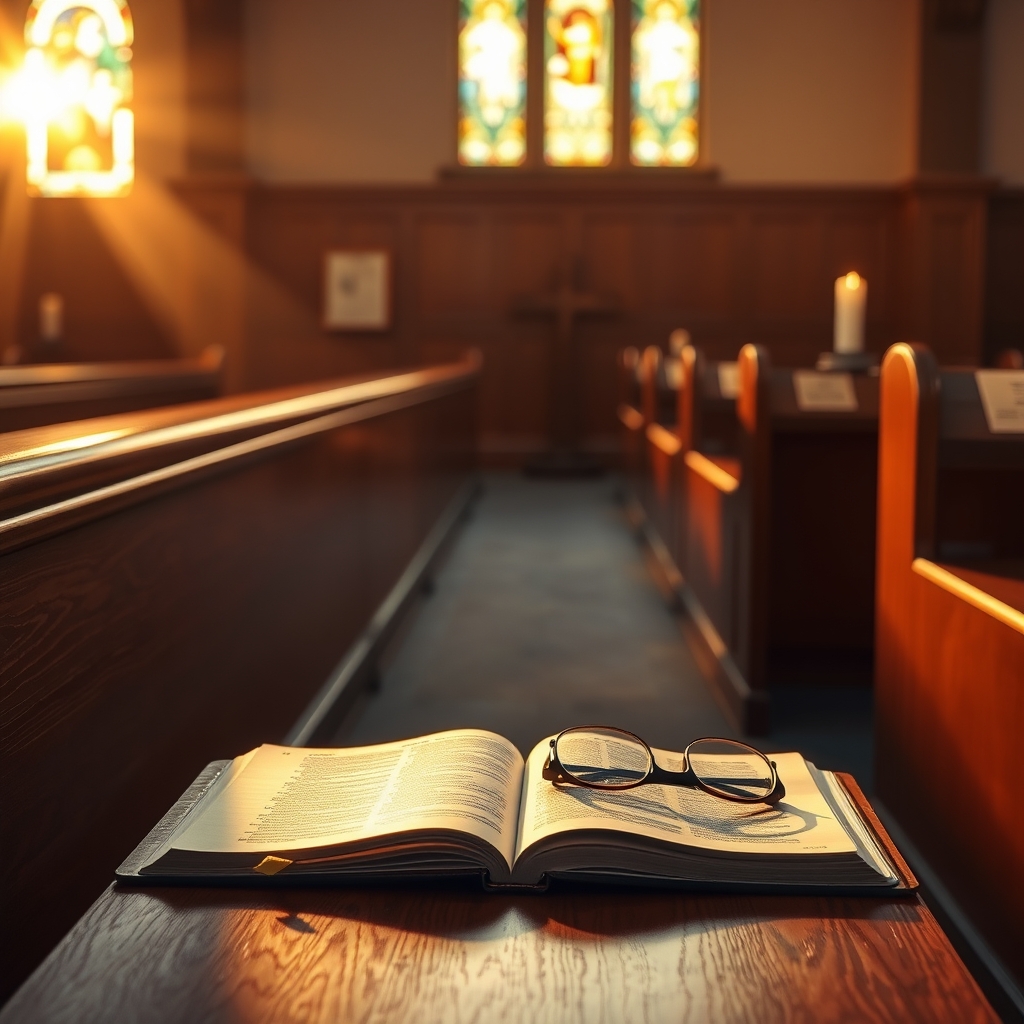 A photorealistic image of a peaceful chapel at sunset highlighting an open Bible and a wooden cross, evoking reverence and Christ-centered devotion.