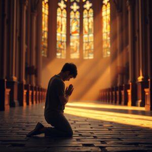 A photorealistic image of a person in a moment of prayer in a softly lit church interior, conveying the intimate and sacred meaning of 'Lover of My Soul'.