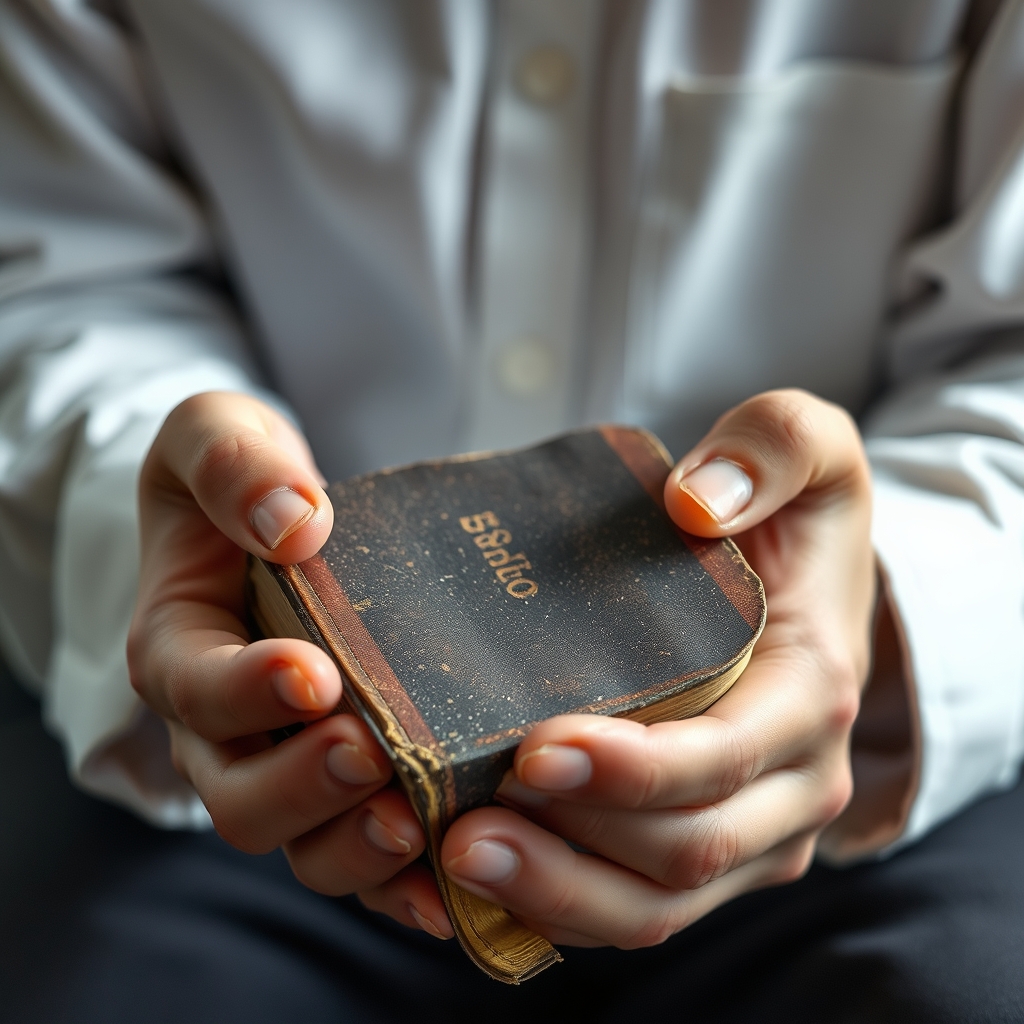 A photorealistic image of a person's hands holding a worn Bible, reflecting the heart of Jesus.