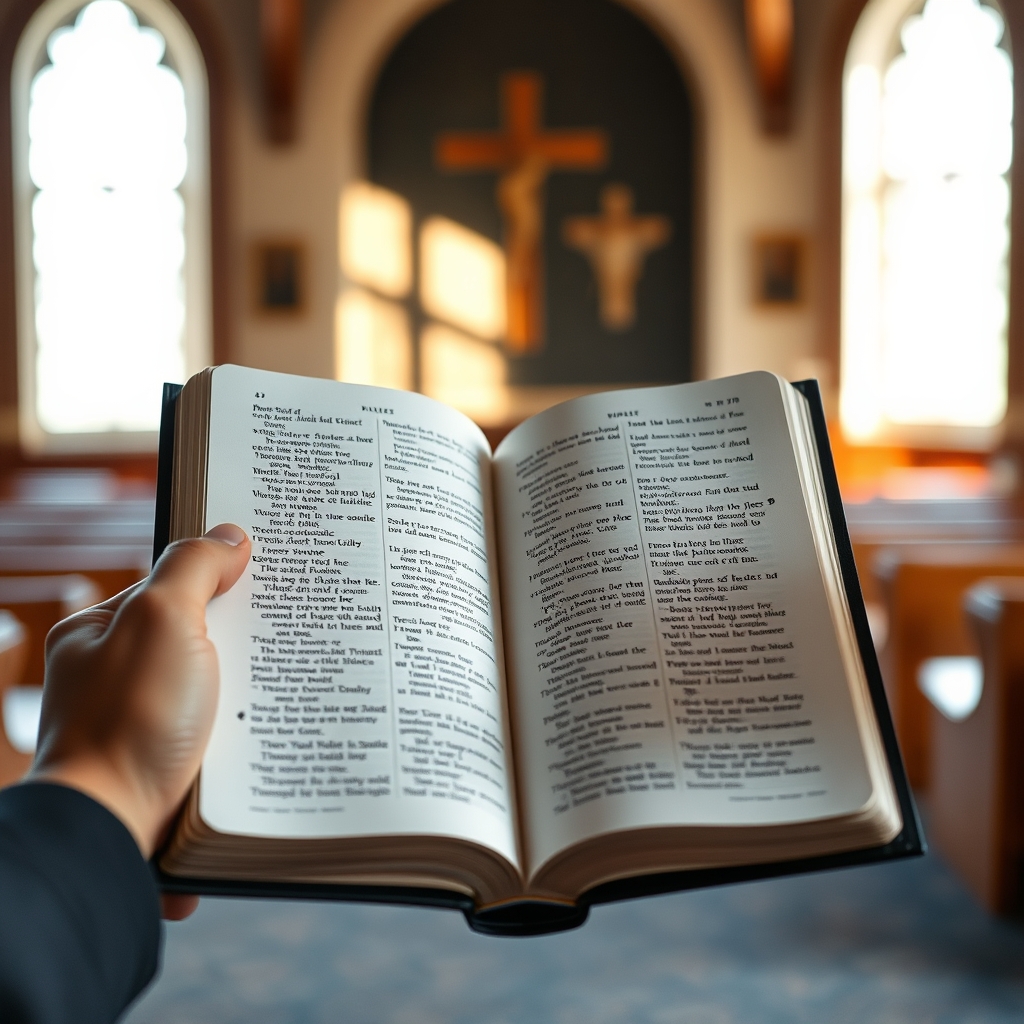 A photorealistic image of a person's hands holding an open Bible in a warm, soft light.