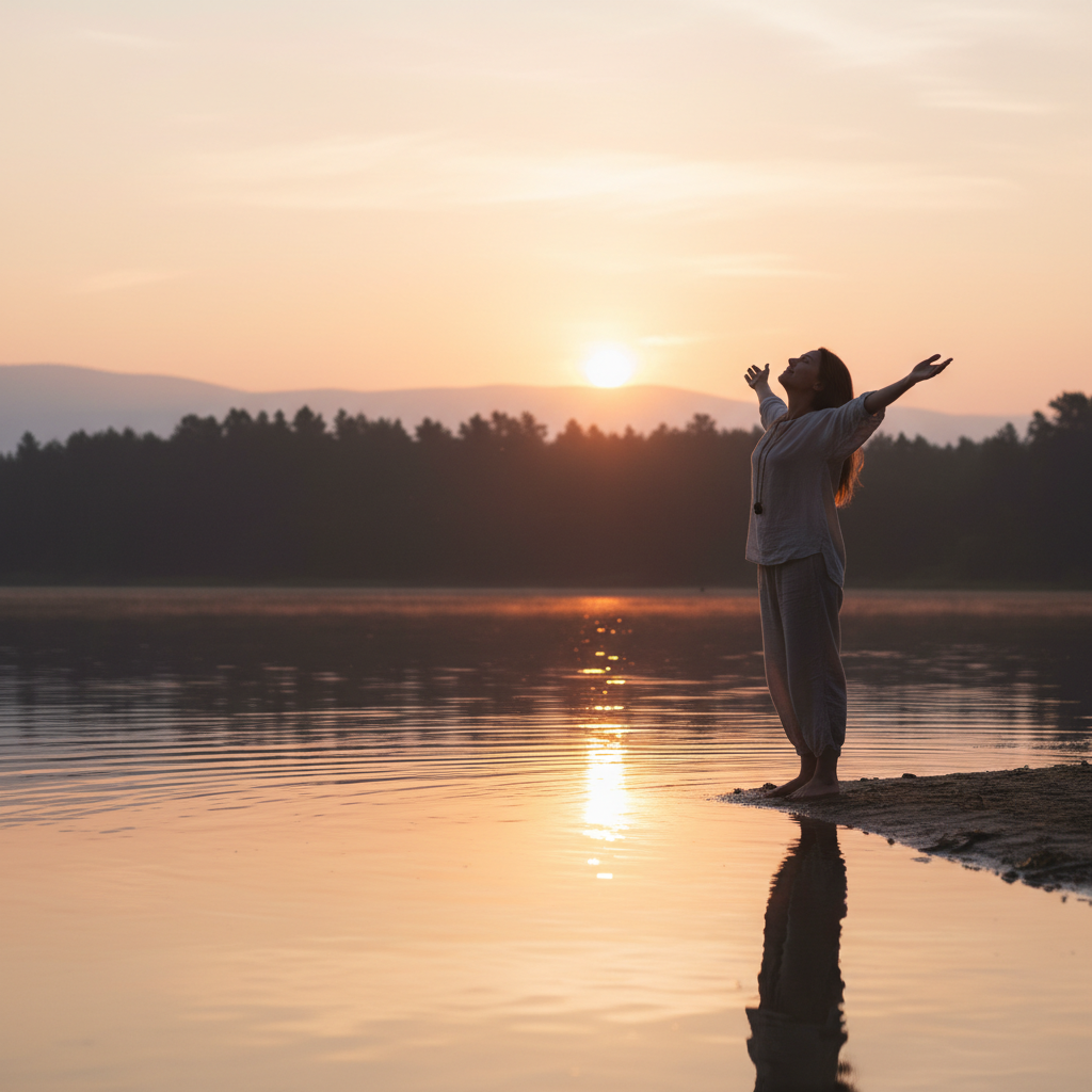 A photorealistic image of a person standing at a tranquil lakeside sunrise, arms raised in a gesture of praise, symbolizing new beginnings.