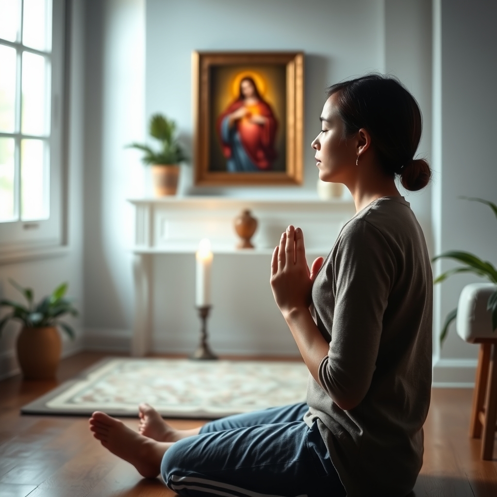 A photorealistic image of a praying person kneeling in quiet prayer before a home altar with a Sacred Heart of Jesus image and a candle.