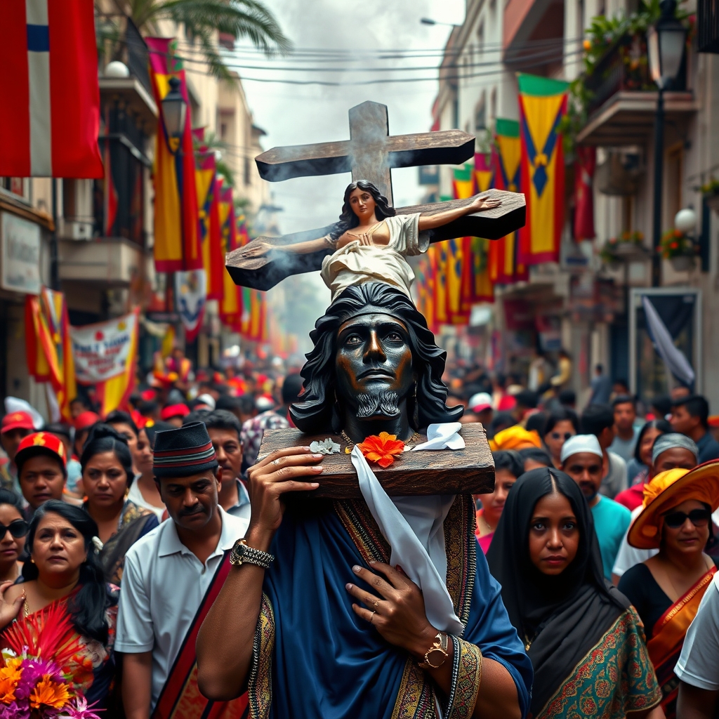 A photorealistic image of a religious procession with devotees carrying a dark wooden statue of the Nazareno Negro through a colorful Latin American city street.