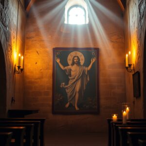 A photorealistic image of a reverent, softly lit interior of an old Spanish church, showing a faded fresco of Jesus Christ bathed in warm candlelight and natural light, evoking a sense of history, devotion, and contemplation.