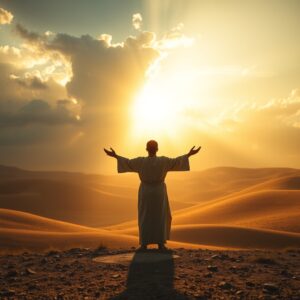 A photorealistic image of a robed figure standing in a Judean landscape, arms open toward a radiant golden light breaking through the sky, evoking the reverence and faithfulness of Jesus of Nazareth as portrayed in the 1977 film.
