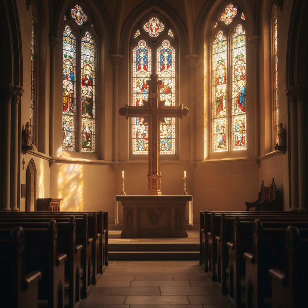 A photorealistic image of a serene chapel interior with a large wooden cross bathed in golden light from stained glass windows.
