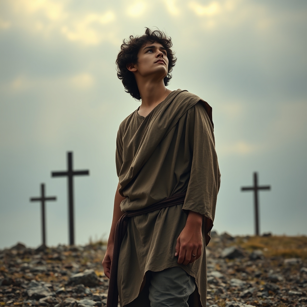 A photorealistic image of a solitary young man in ancient clothing standing on a hillside, looking toward distant crosses under a dramatic, overcast sky.