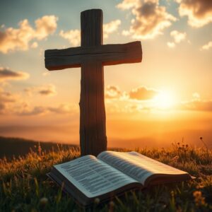 A photorealistic image of a weathered wooden cross on a hilltop at golden hour with an open Bible at its base, symbolizing that Jesus is all the world, captured in professional photography style.