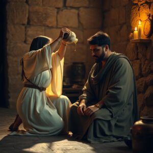 A photorealistic image of a woman anointing Jesus with perfume in a warmly lit, intimate first-century setting, capturing a moment of deep devotion and sacrificial love.