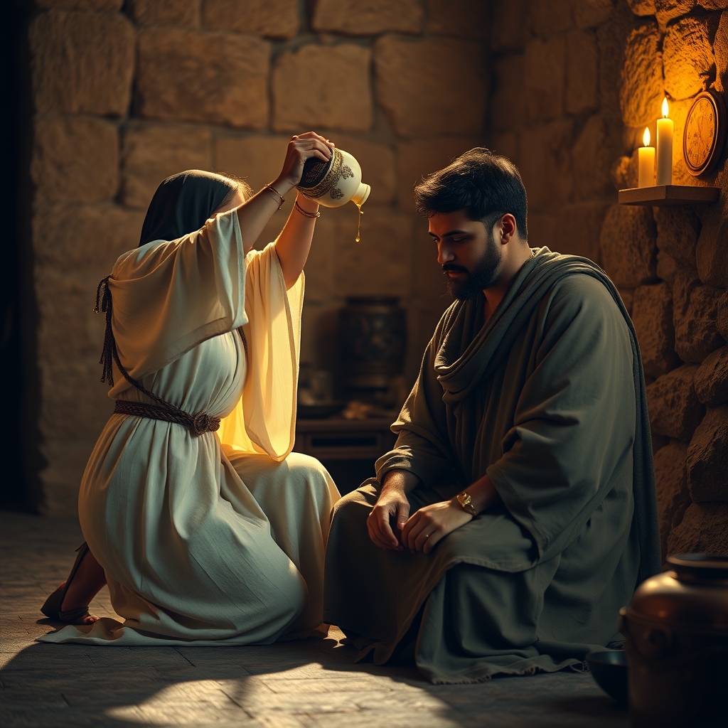 A photorealistic image of a woman anointing Jesus with perfume in a warmly lit, intimate first-century setting, capturing a moment of deep devotion and sacrificial love.