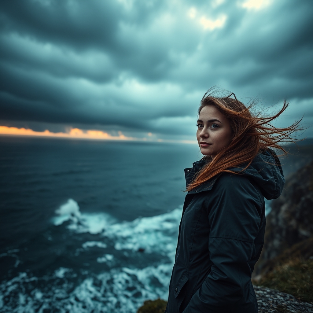 A photorealistic image of a woman peacefully gazing at a turbulent windy seaside cliff and crashing waves, illuminated by a shaft of light piercing through dark clouds.