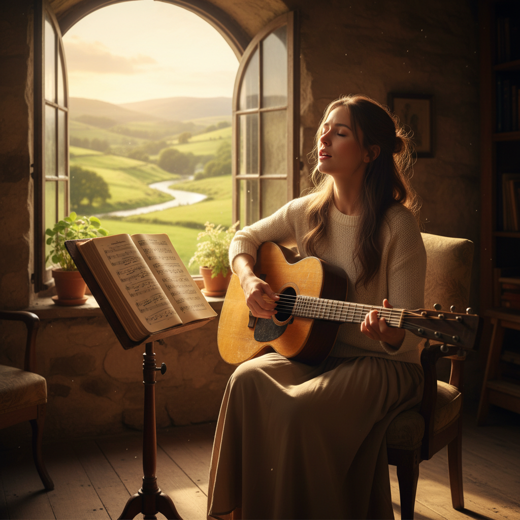 A photorealistic image of a woman singing while playing acoustic guitar, with an open hymnal visible on a music stand in a peaceful home setting.